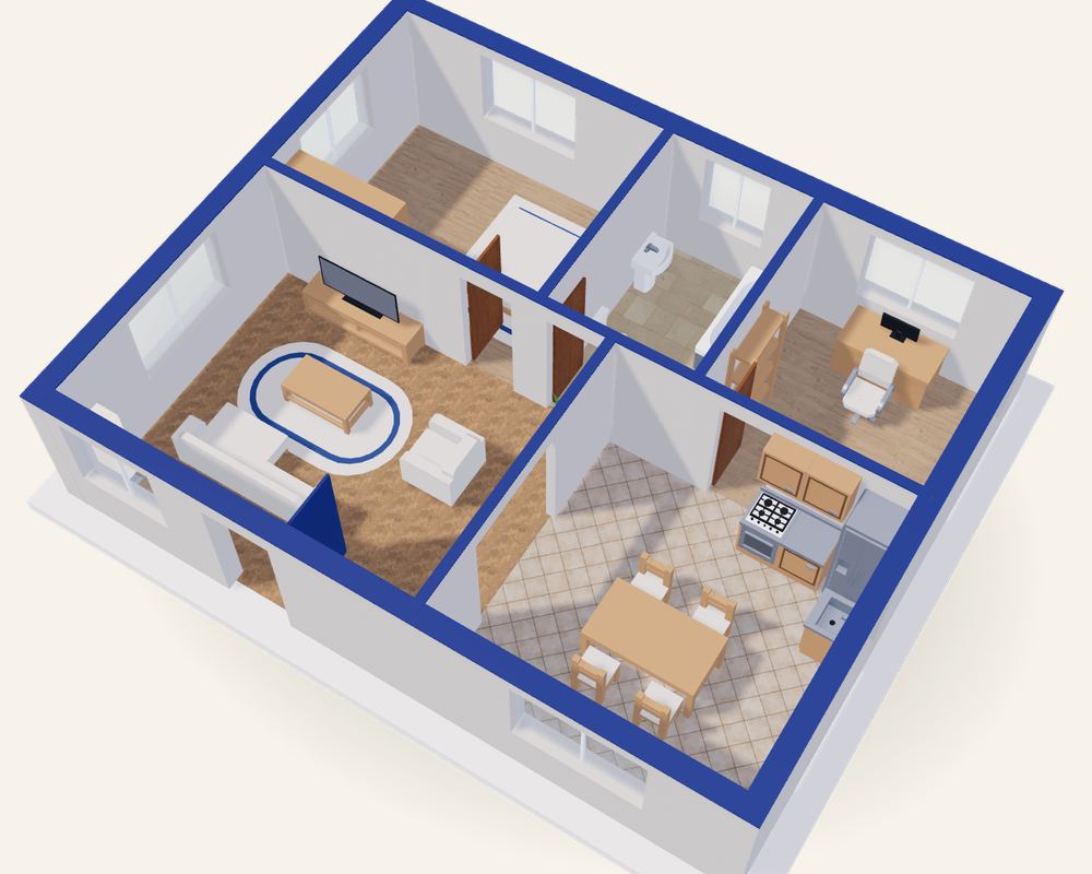 Planimetria di esempio in 3D: un plastico arredato con soggiorno, cucina, camera, bagno e studio